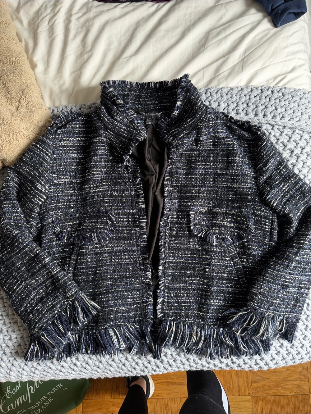 Fringed Tweed Cropped Blazer in Dark Navy